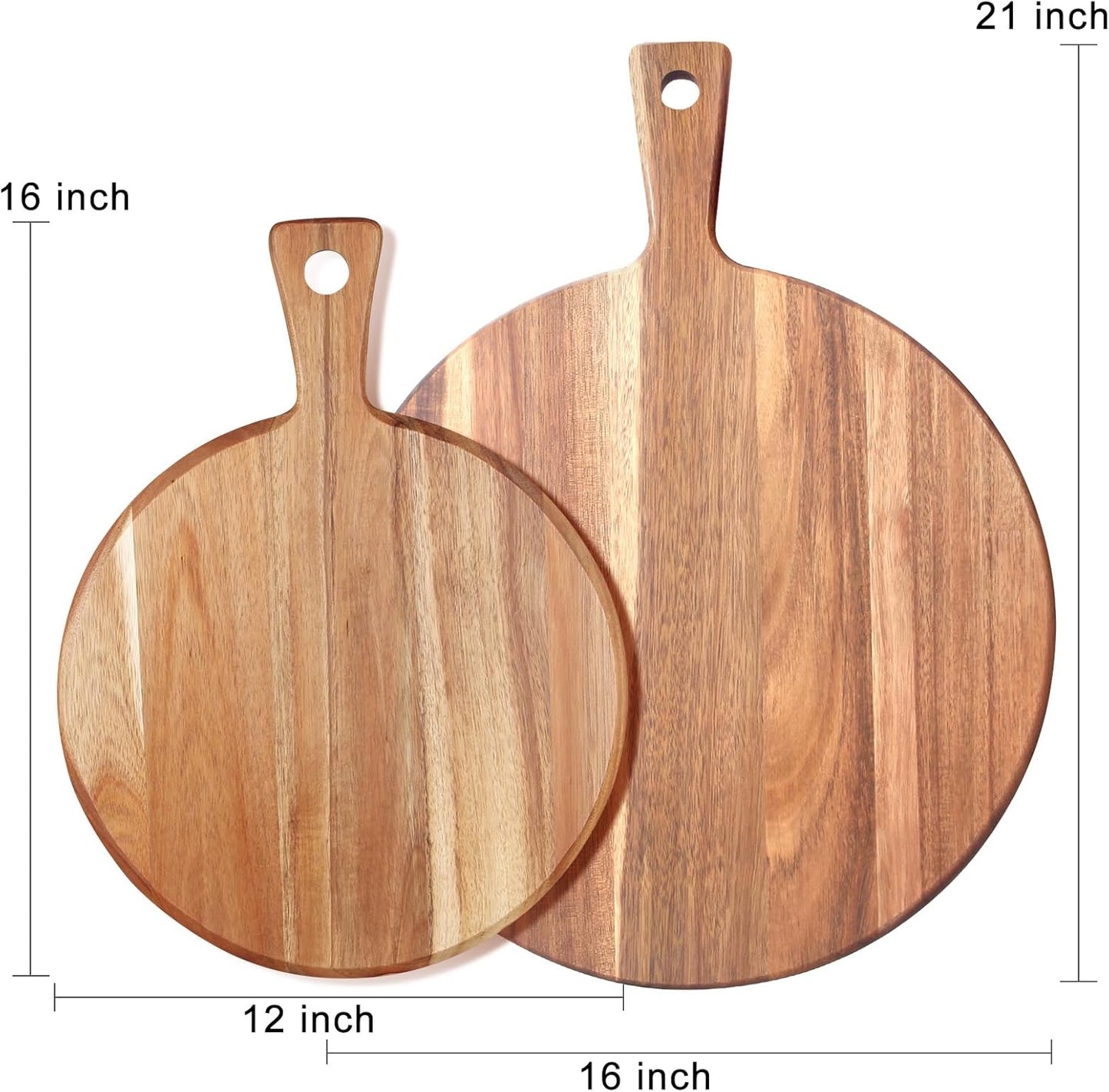 Acacia Wood Cutting Board with Handle Wooden Chopping Board Round Cutting Boards for Kitchen Decor Large Charcuterie Board Tray Teak Meat Cheese Board Bread Serving Platter Butcher Block Pizza Board