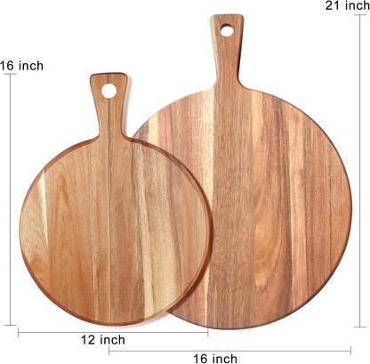 Acacia Wood Cutting Board with Handle Wooden Chopping Board Round Cutting Boards for Kitchen Decor Large Charcuterie Board Tray Teak Meat Cheese Board Bread Serving Platter Butcher Block Pizza Board