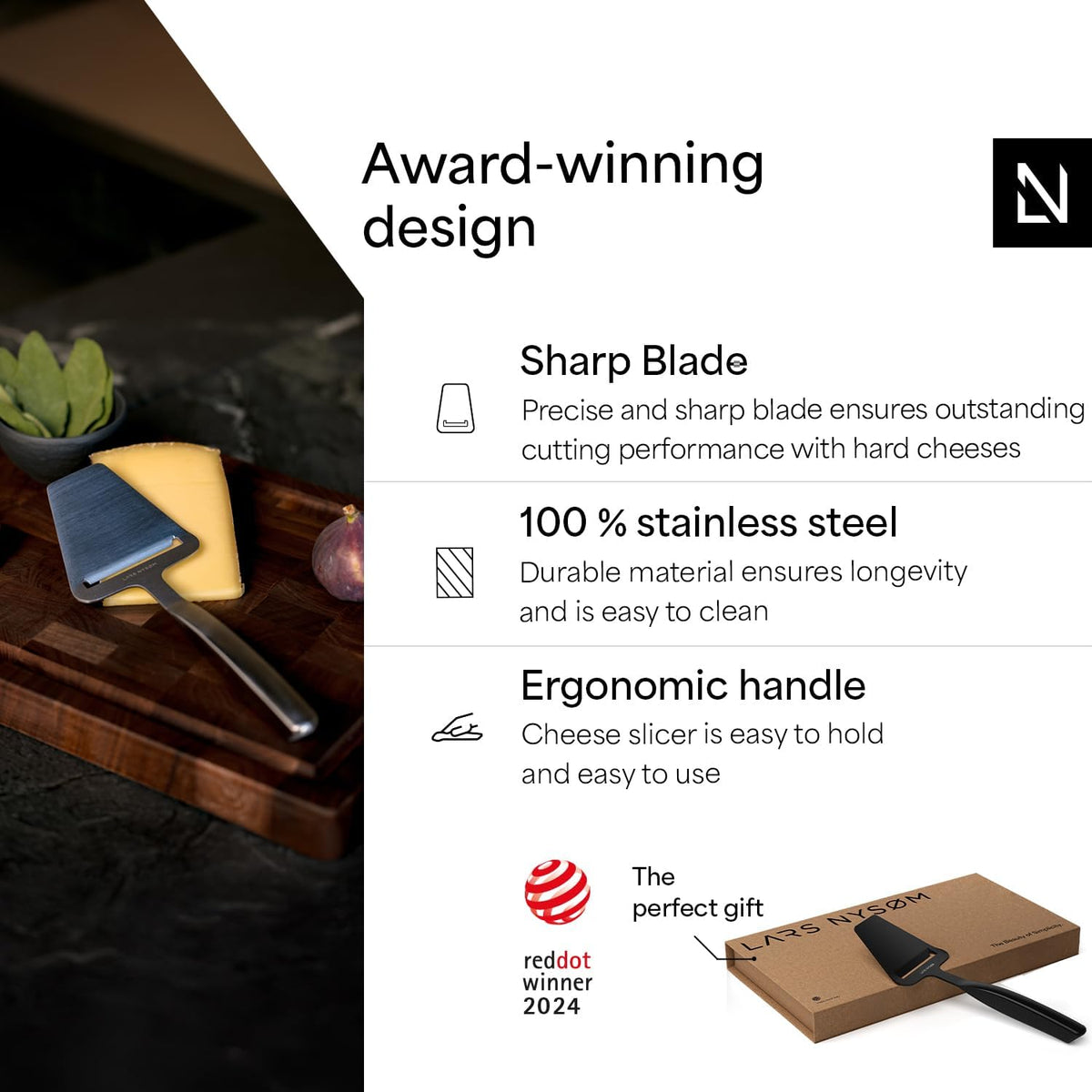 LARS NYSØM Cheese Knife Set Edge 2 pcs. I Cheese Knife Set Made of Stainless Steel I Premium Gift Box I Perfect as Christmas Gift (Stainless Steel)