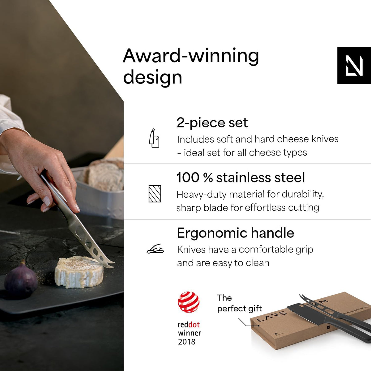 LARS NYSØM Cheese Knife Set Edge 2 pcs. I Cheese Knife Set Made of Stainless Steel I Premium Gift Box I Perfect as Christmas Gift (Stainless Steel)