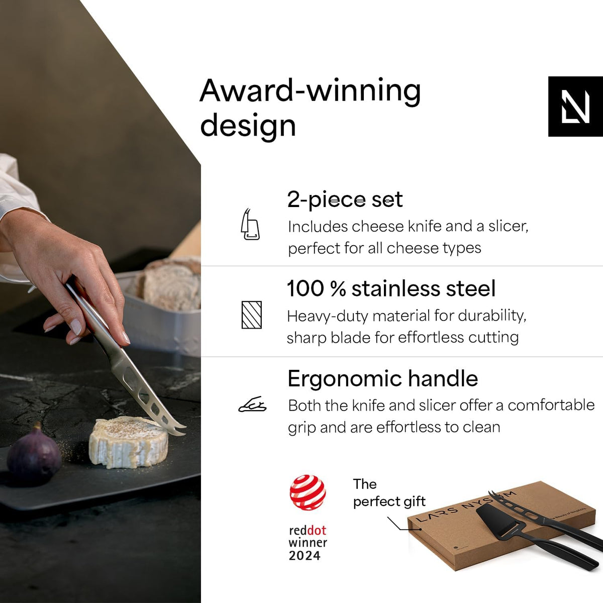 LARS NYSØM Cheese Knife Set Edge 2 pcs. I Cheese Knife Set Made of Stainless Steel I Premium Gift Box I Perfect as Christmas Gift (Stainless Steel)