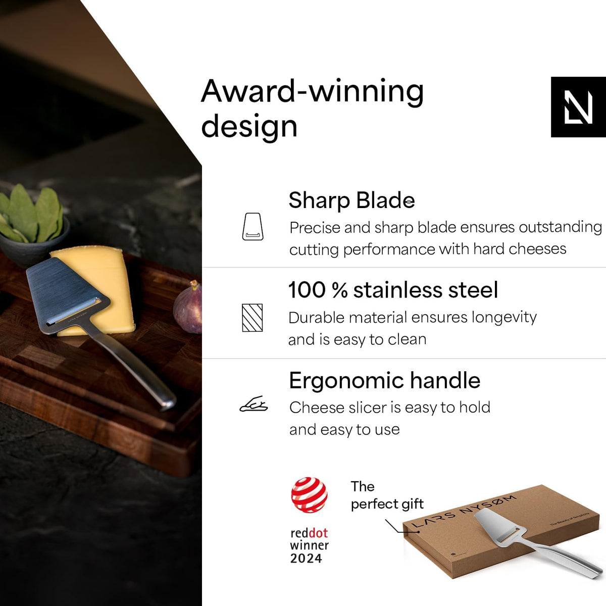 LARS NYSØM Cheese Knife Set Edge 2 pcs. I Cheese Knife Set Made of Stainless Steel I Premium Gift Box I Perfect as Christmas Gift (Stainless Steel)