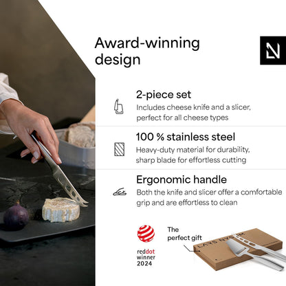 LARS NYSØM Cheese Knife Set Edge 2 pcs. I Cheese Knife Set Made of Stainless Steel I Premium Gift Box I Perfect as Christmas Gift (Stainless Steel)