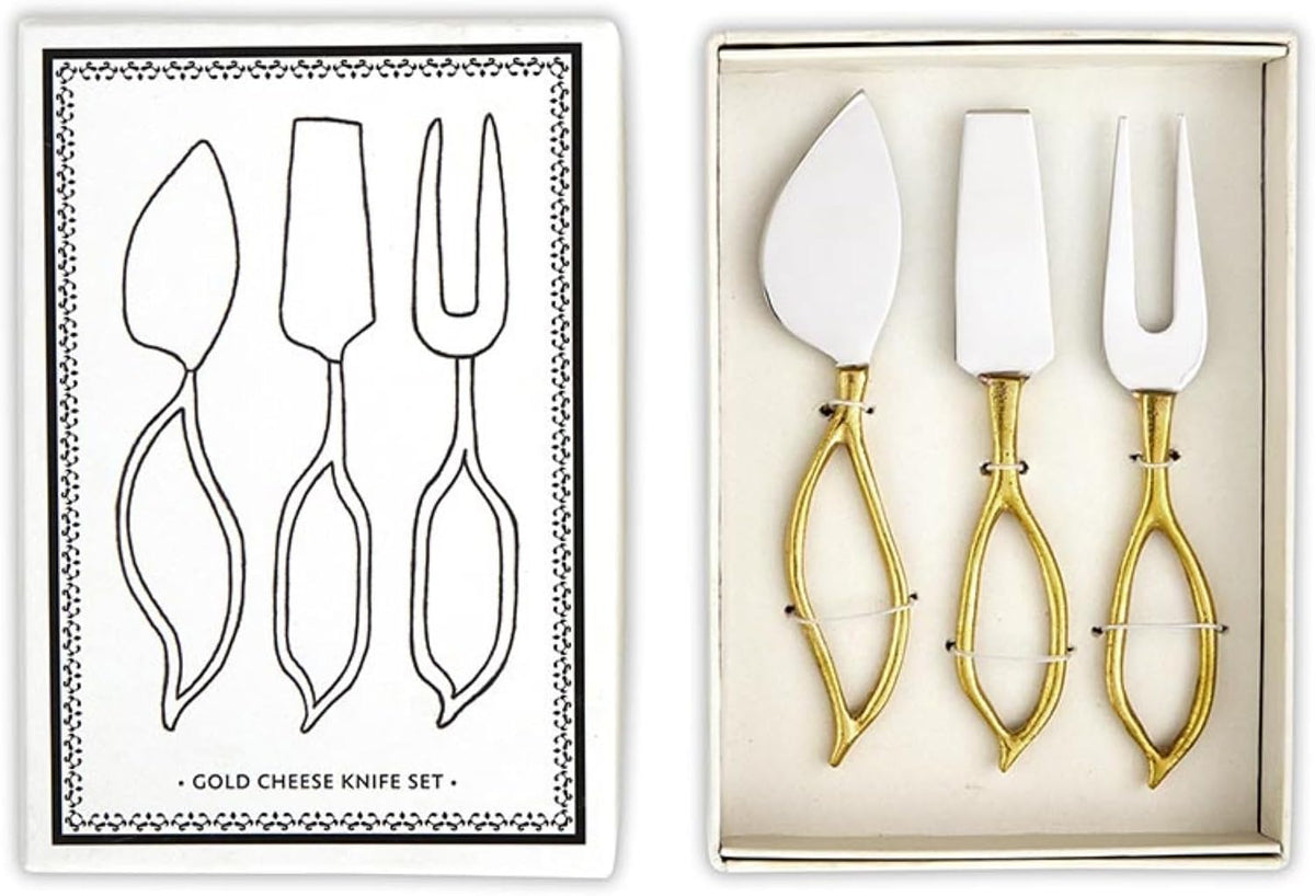 Cheese Knives - Gift Boxed Stainless Steel Wood Handled Bell & Chisel Knife & Fork Set, 3-Piece, Here for the Charcuterie