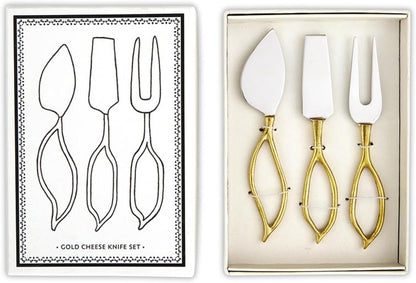 Cheese Knives - Gift Boxed Stainless Steel Wood Handled Bell & Chisel Knife & Fork Set, 3-Piece, Here for the Charcuterie