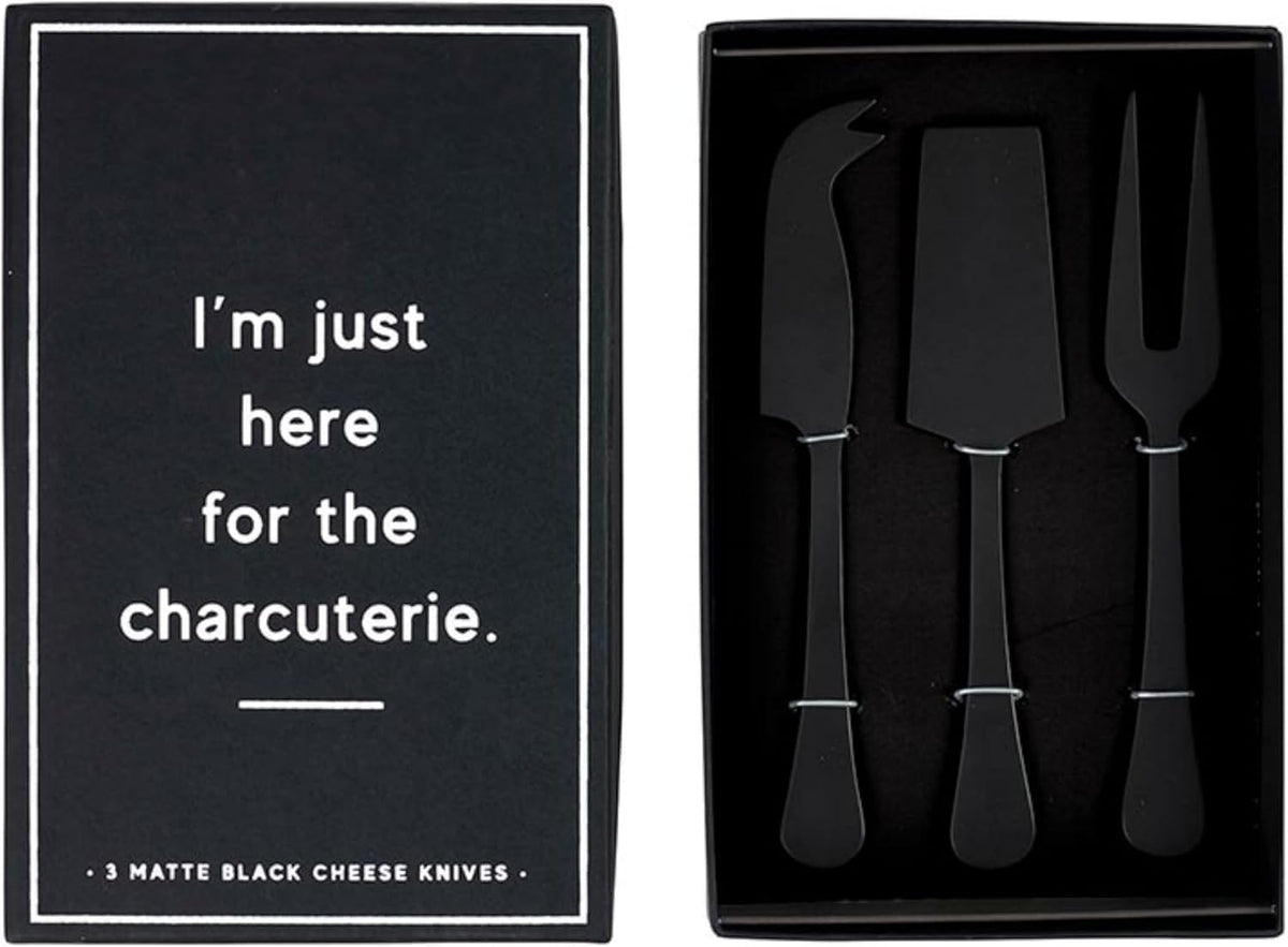 Cheese Knives - Gift Boxed Stainless Steel Wood Handled Bell & Chisel Knife & Fork Set, 3-Piece, Here for the Charcuterie