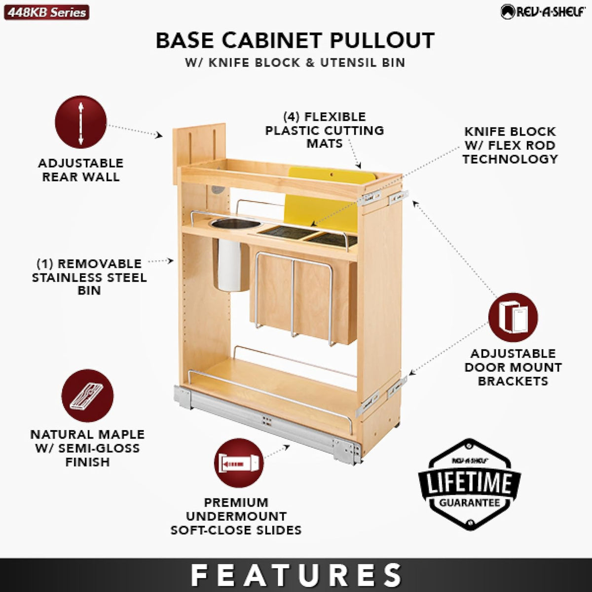 Wood Base Cabinet Knife Block Pullout Organizer w/Soft-Close