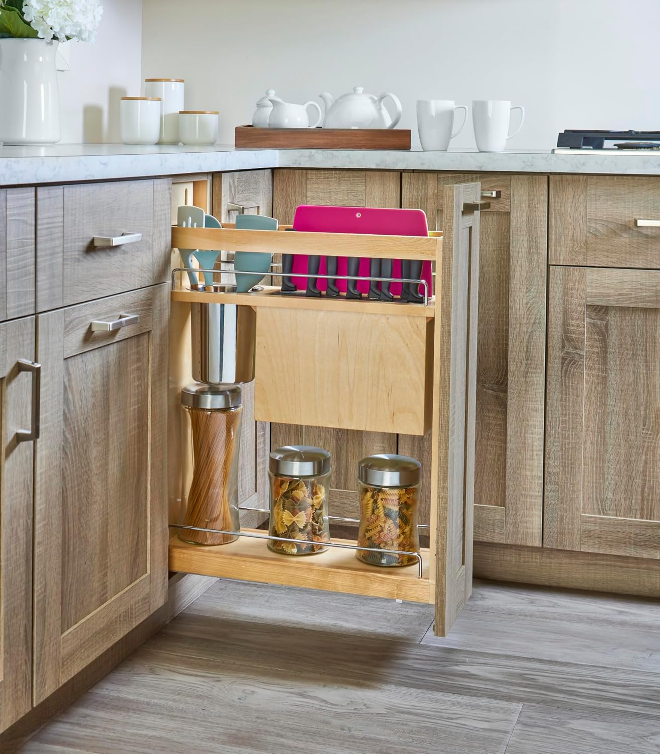 Wood Base Cabinet Knife Block Pullout Organizer w/Soft-Close