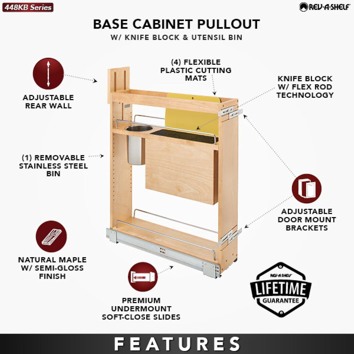 Wood Base Cabinet Knife Block Pullout Organizer w/Soft-Close