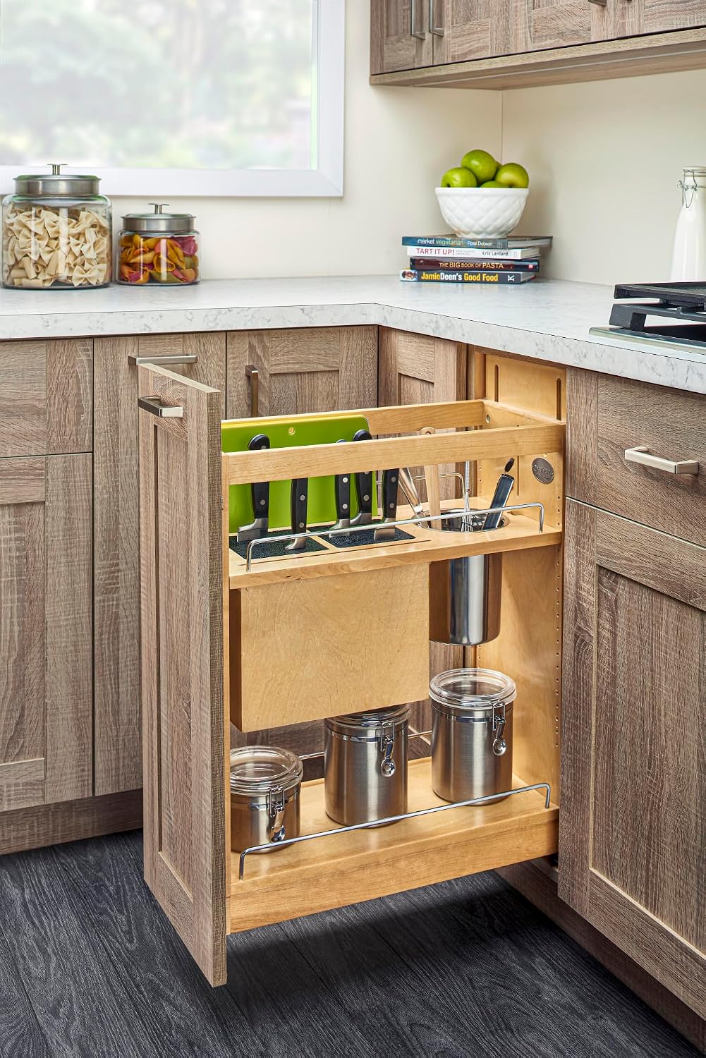 Wood Base Cabinet Knife Block Pullout Organizer w/Soft-Close