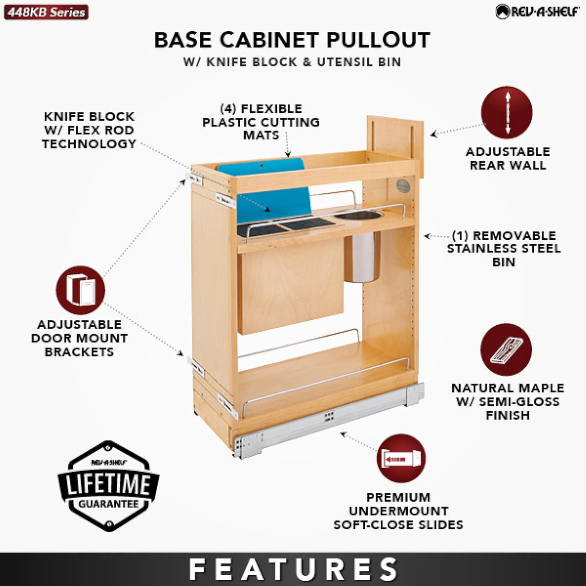 Wood Base Cabinet Knife Block Pullout Organizer w/Soft-Close