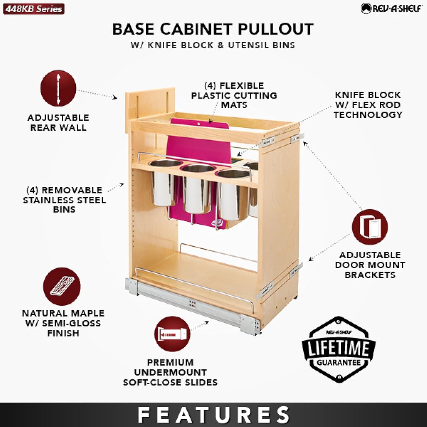 Wood Base Cabinet Knife Block Pullout Organizer w/Soft-Close