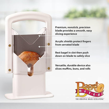 Bagel Biter Bagel Slicer and Cutter - Slices Bagels, English Muffins, Buns and Rolls Evenly and Safely - High-Carbon Stainless Steel Blade with Acrylic Safety Shield, Dishwasher Safe