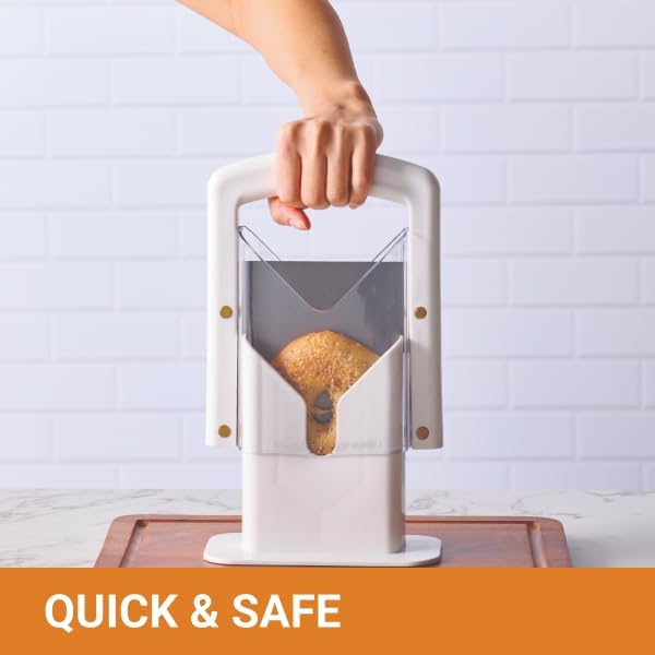 Bagel Biter Bagel Slicer and Cutter - Slices Bagels, English Muffins, Buns and Rolls Evenly and Safely - High-Carbon Stainless Steel Blade with Acrylic Safety Shield, Dishwasher Safe
