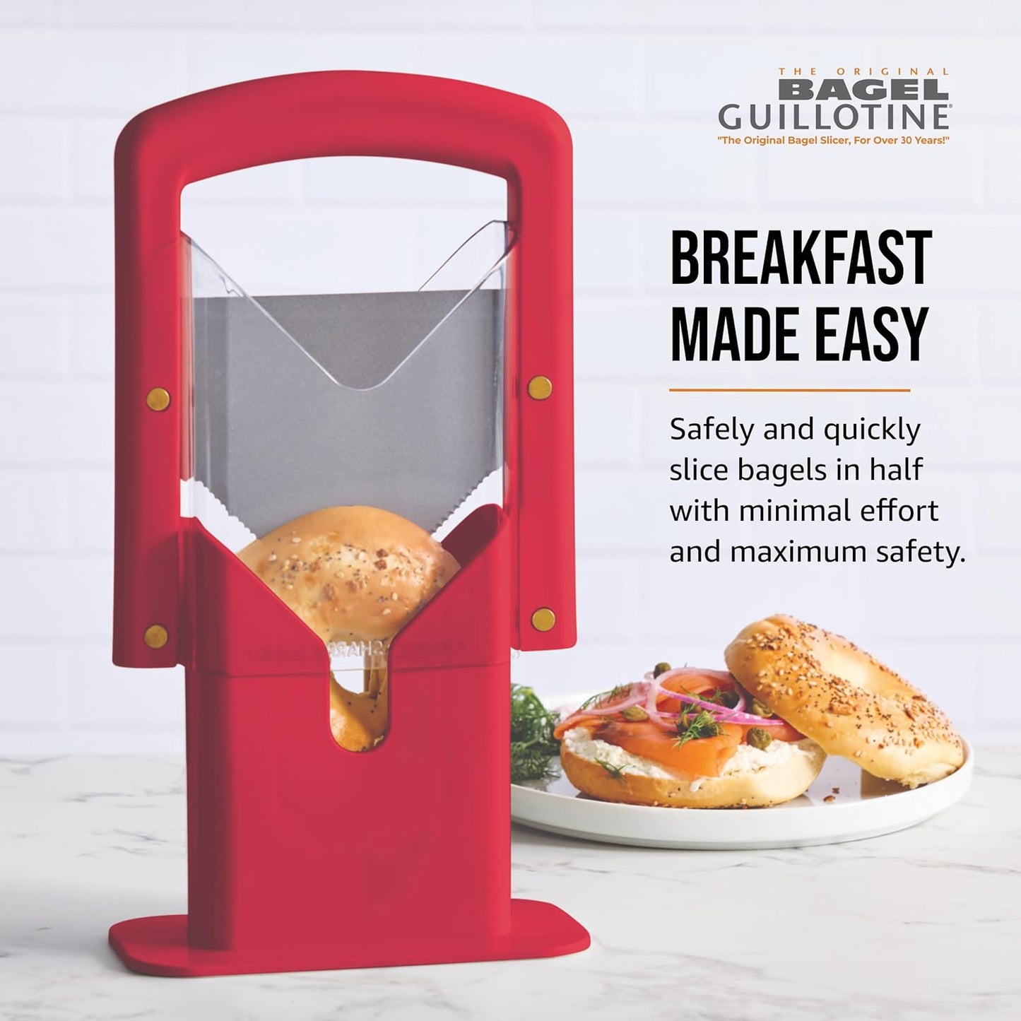 Bagel Biter Bagel Slicer and Cutter - Slices Bagels, English Muffins, Buns and Rolls Evenly and Safely - High-Carbon Stainless Steel Blade with Acrylic Safety Shield, Dishwasher Safe