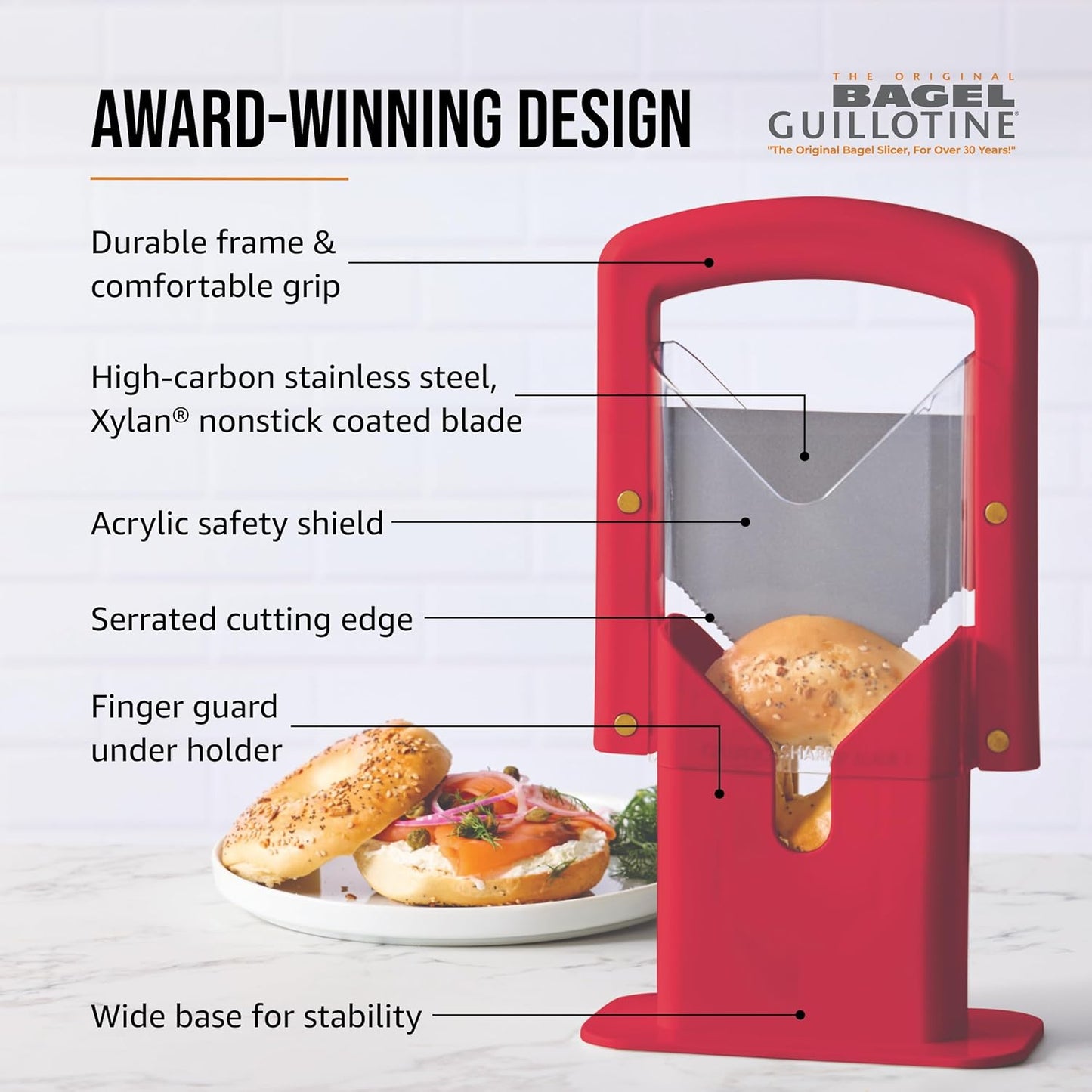 Bagel Biter Bagel Slicer and Cutter - Slices Bagels, English Muffins, Buns and Rolls Evenly and Safely - High-Carbon Stainless Steel Blade with Acrylic Safety Shield, Dishwasher Safe