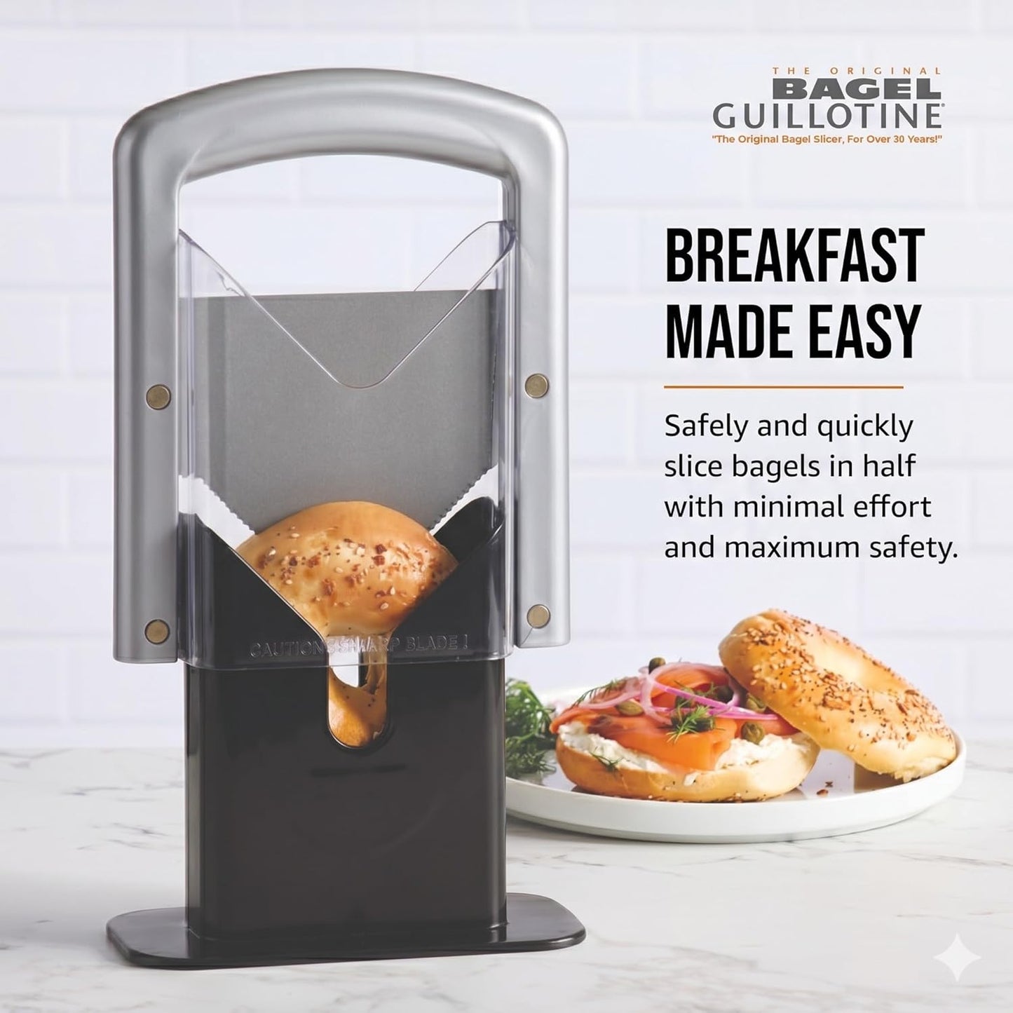 Bagel Biter Bagel Slicer and Cutter - Slices Bagels, English Muffins, Buns and Rolls Evenly and Safely - High-Carbon Stainless Steel Blade with Acrylic Safety Shield, Dishwasher Safe