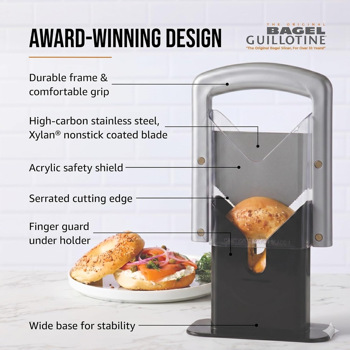 Bagel Biter Bagel Slicer and Cutter - Slices Bagels, English Muffins, Buns and Rolls Evenly and Safely - High-Carbon Stainless Steel Blade with Acrylic Safety Shield, Dishwasher Safe