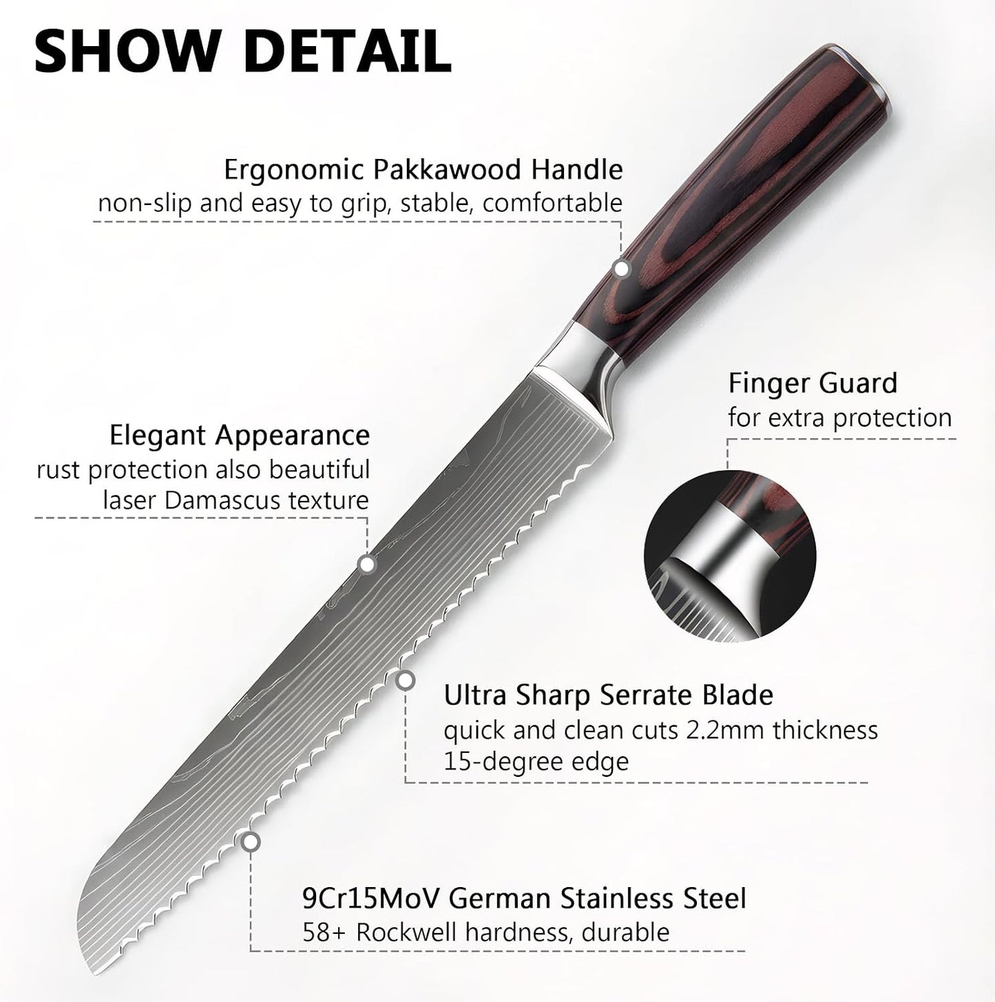 Bread Knife 8 Inch, High Carbon Stainless Steel Professional Bread Cutting Knife, Ultra Sharp for Homemade Bread, Pastries and Bagels