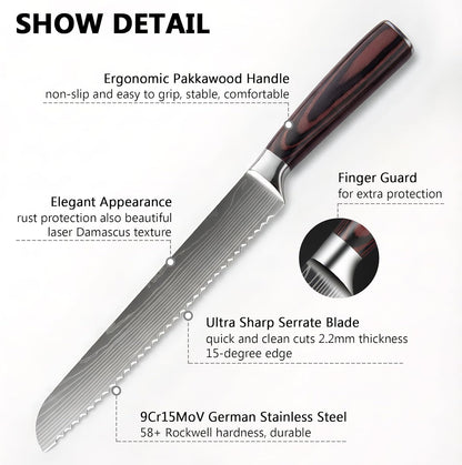 Bread Knife 8 Inch, High Carbon Stainless Steel Professional Bread Cutting Knife, Ultra Sharp for Homemade Bread, Pastries and Bagels