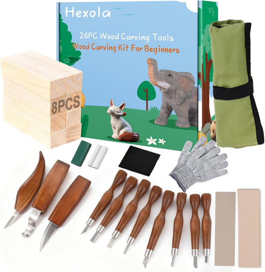 Wood Carving Kit Whittling Kit 26pcs Wood Carving Tools Knife Set with 3 Wood Carving Knives 8 Detail Knives 8 Blocks, Whittling Kit DIY Hobbies for Beginners Adults Kids - Gift for Men Teens