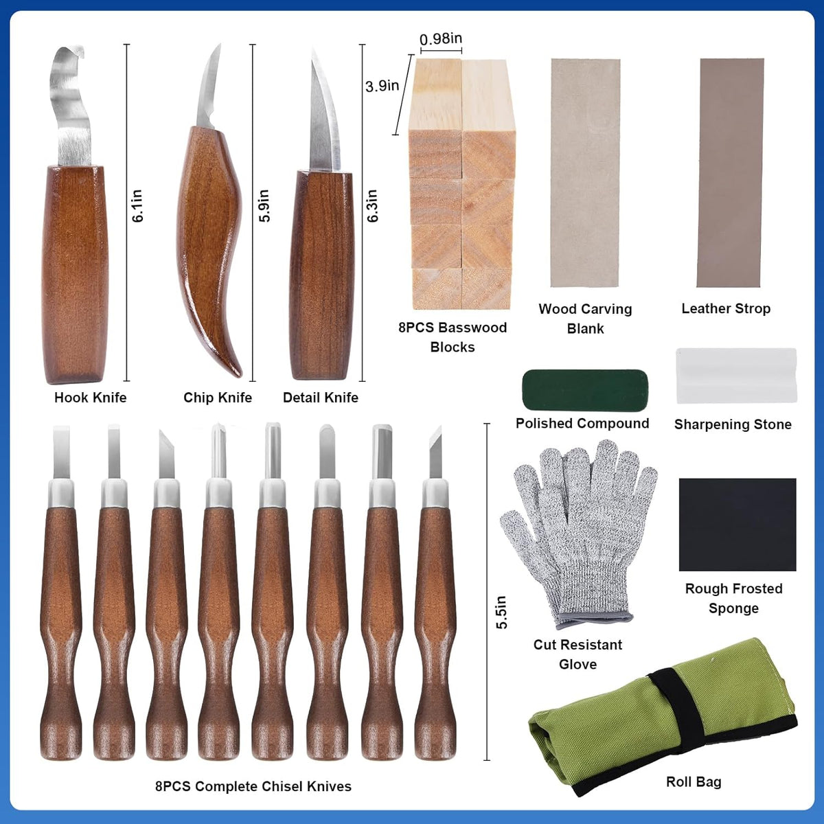 Wood Carving Kit Whittling Kit 26pcs Wood Carving Tools Knife Set with 3 Wood Carving Knives 8 Detail Knives 8 Blocks, Whittling Kit DIY Hobbies for Beginners Adults Kids - Gift for Men Teens