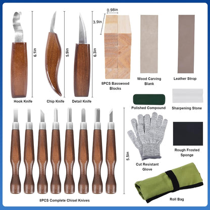 Wood Carving Kit Whittling Kit 26pcs Wood Carving Tools Knife Set with 3 Wood Carving Knives 8 Detail Knives 8 Blocks, Whittling Kit DIY Hobbies for Beginners Adults Kids - Gift for Men Teens