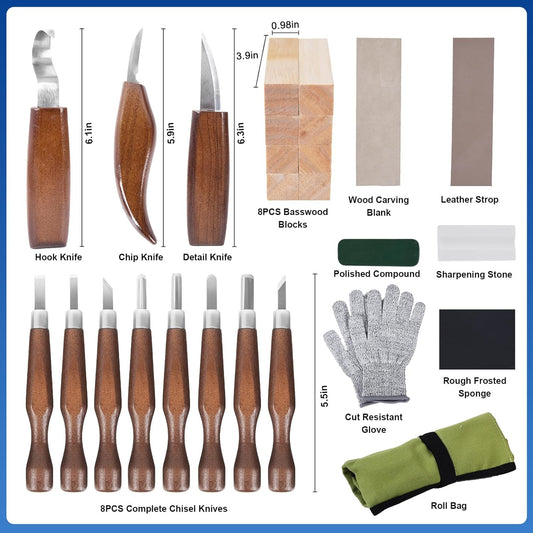 Wood Carving Kit Whittling Kit 26pcs Wood Carving Tools Knife Set with 3 Wood Carving Knives 8 Detail Knives 8 Blocks, Whittling Kit DIY Hobbies for Beginners Adults Kids - Gift for Men Teens