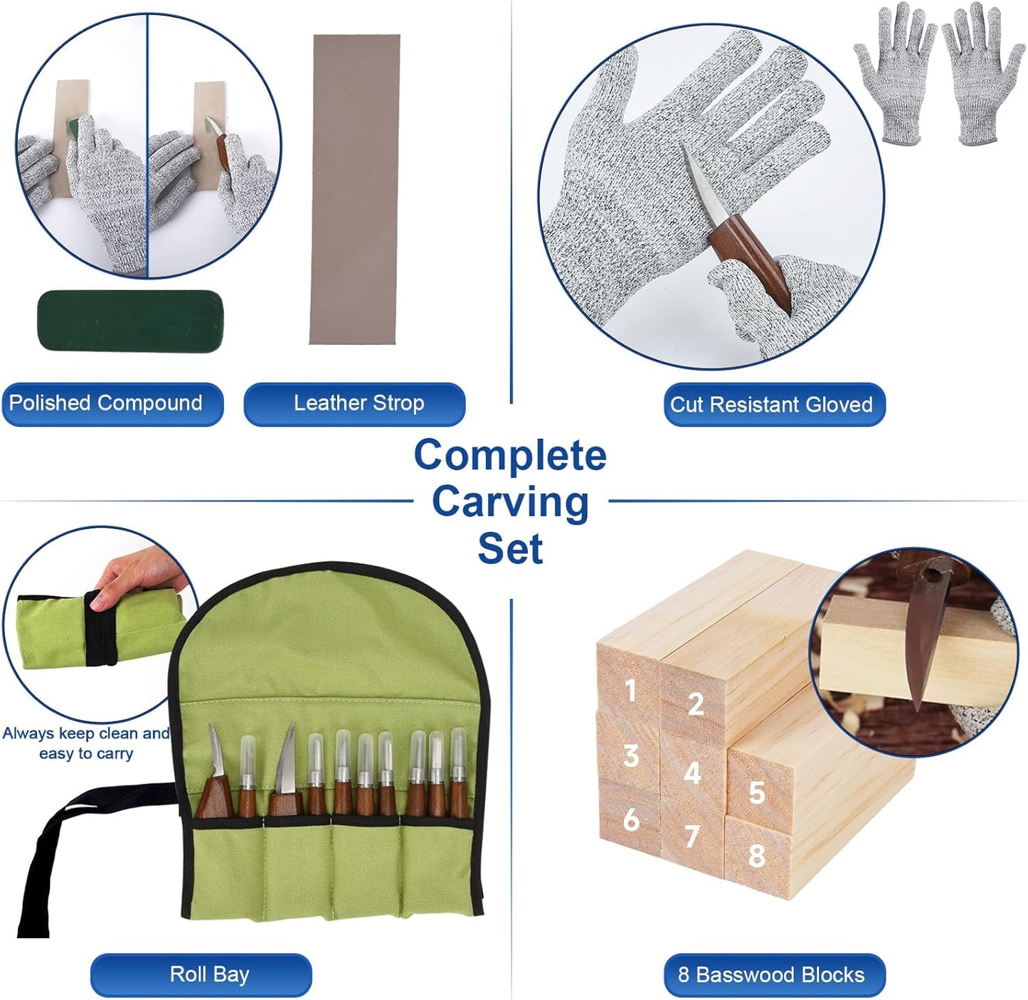Wood Carving Kit Whittling Kit 26pcs Wood Carving Tools Knife Set with 3 Wood Carving Knives 8 Detail Knives 8 Blocks, Whittling Kit DIY Hobbies for Beginners Adults Kids - Gift for Men Teens