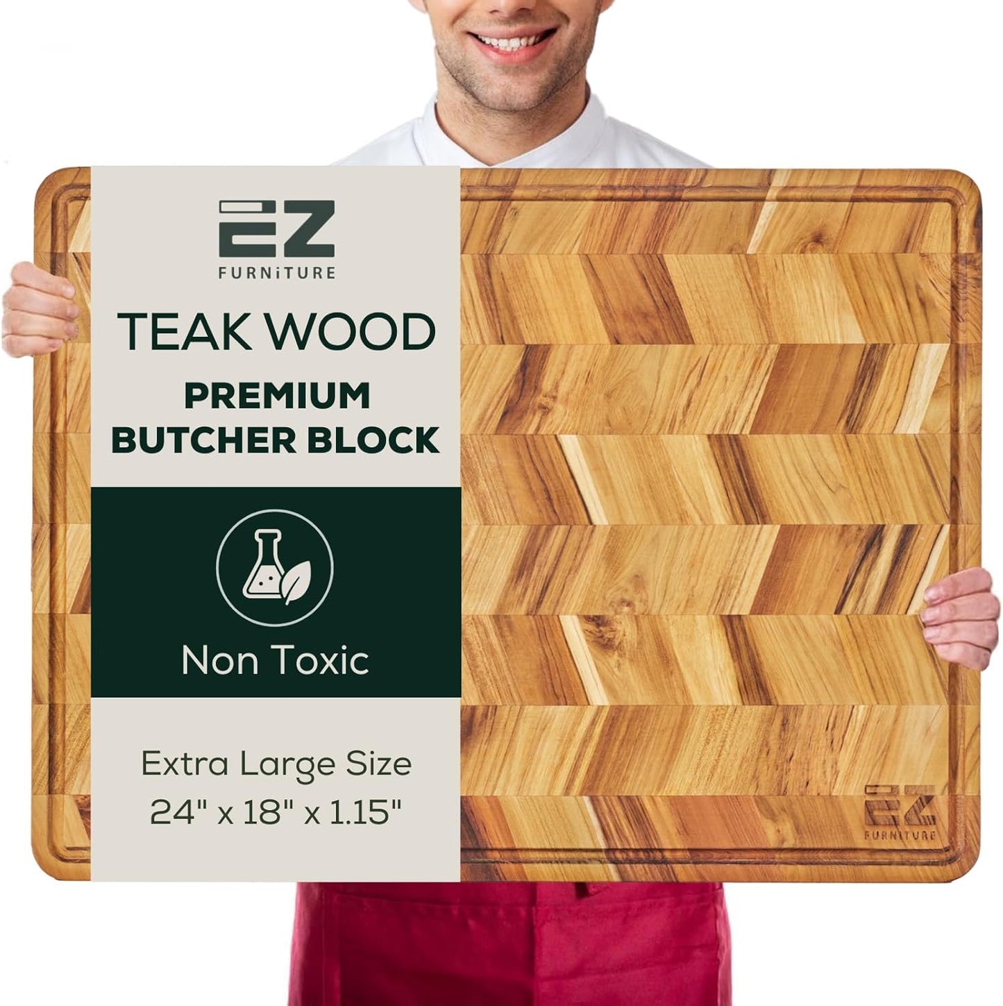 Extra Large (XL) Teak Edge Grain Cutting Board, Reversible, Knife-Friendly Charcuterie Butcher Block, Juice Groove & Handles, Non-Toxic, Gift Box Included (Herringbone, 24" x 18" x 1.15")