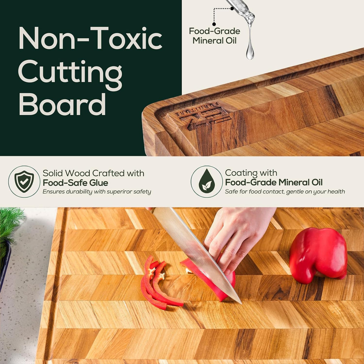 Extra Large (XL) Teak Edge Grain Cutting Board, Reversible, Knife-Friendly Charcuterie Butcher Block, Juice Groove & Handles, Non-Toxic, Gift Box Included (Herringbone, 24" x 18" x 1.15")