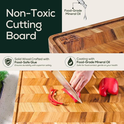 Extra Large (XL) Teak Edge Grain Cutting Board, Reversible, Knife-Friendly Charcuterie Butcher Block, Juice Groove & Handles, Non-Toxic, Gift Box Included (Herringbone, 24" x 18" x 1.15")