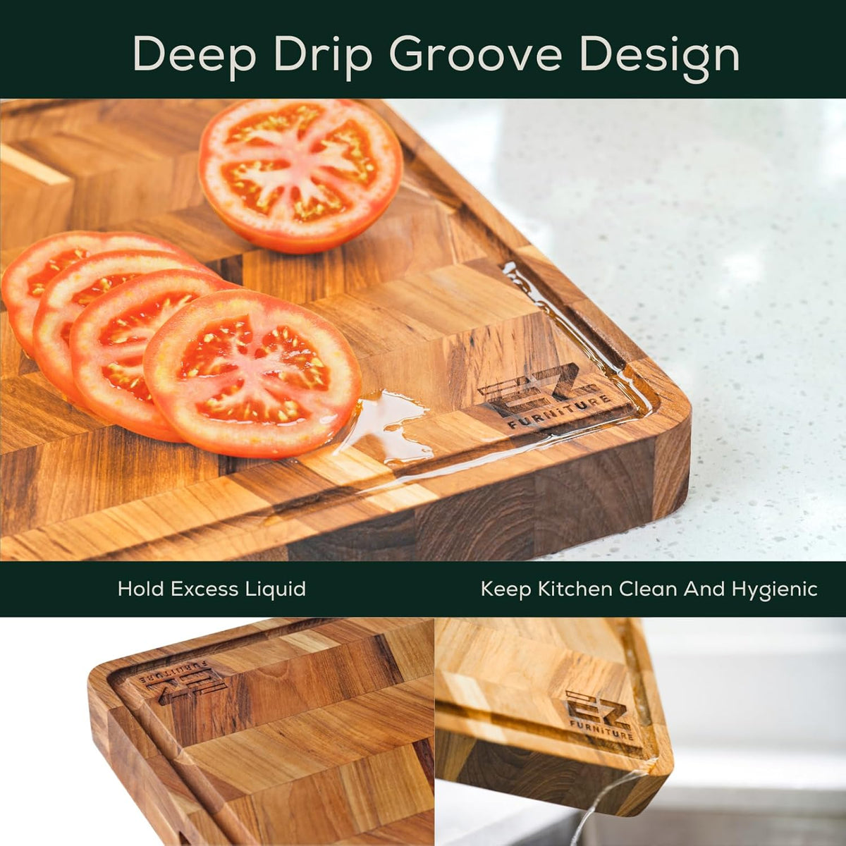 Extra Large (XL) Teak Edge Grain Cutting Board, Reversible, Knife-Friendly Charcuterie Butcher Block, Juice Groove & Handles, Non-Toxic, Gift Box Included (Herringbone, 24" x 18" x 1.15")