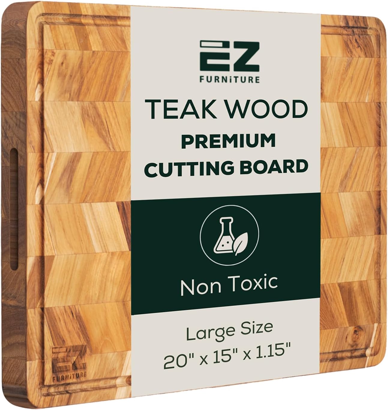 Extra Large (XL) Teak Edge Grain Cutting Board, Reversible, Knife-Friendly Charcuterie Butcher Block, Juice Groove & Handles, Non-Toxic, Gift Box Included (Herringbone, 24" x 18" x 1.15")