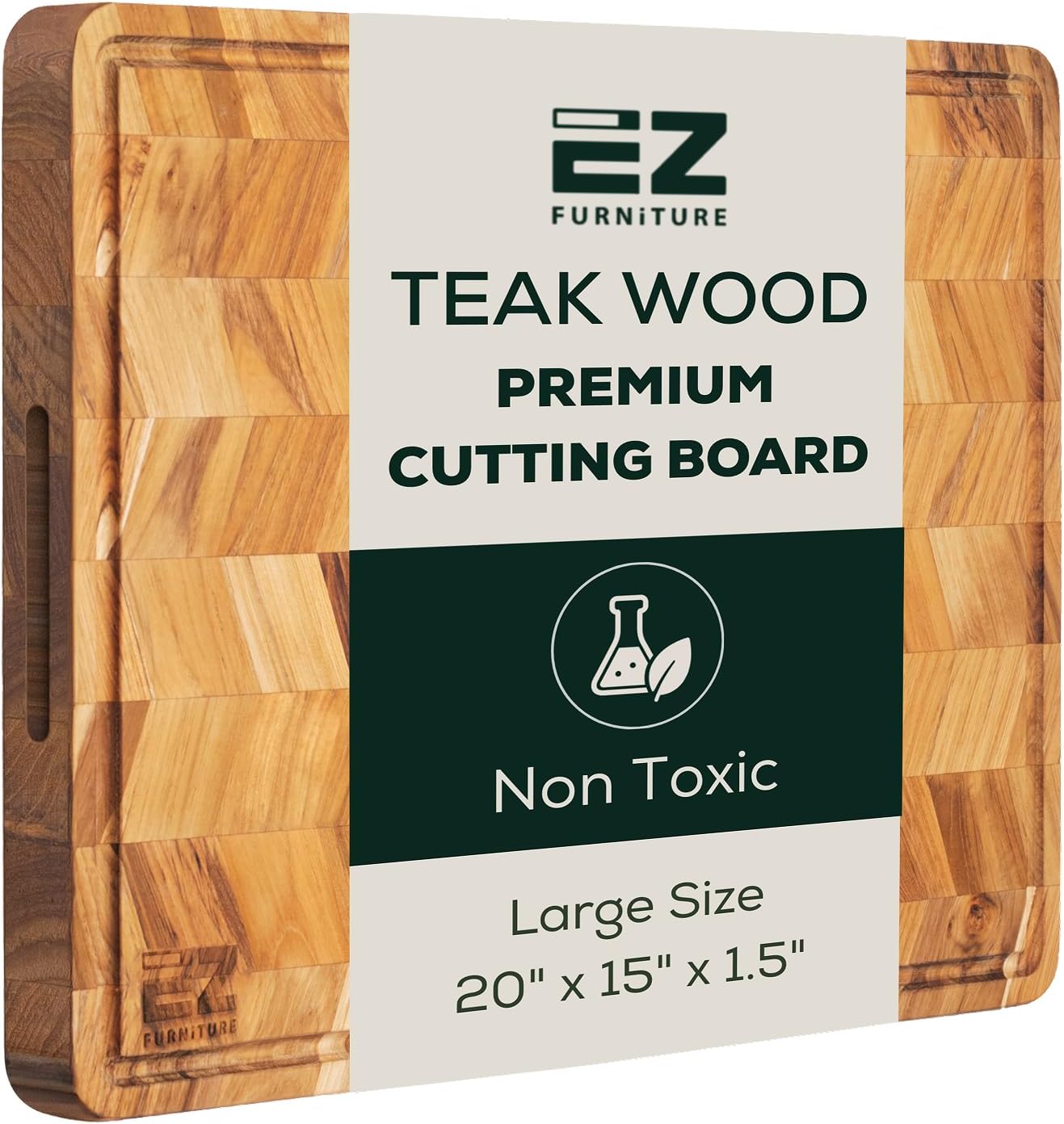 Extra Large (XL) Teak Edge Grain Cutting Board, Reversible, Knife-Friendly Charcuterie Butcher Block, Juice Groove & Handles, Non-Toxic, Gift Box Included (Herringbone, 24" x 18" x 1.15")