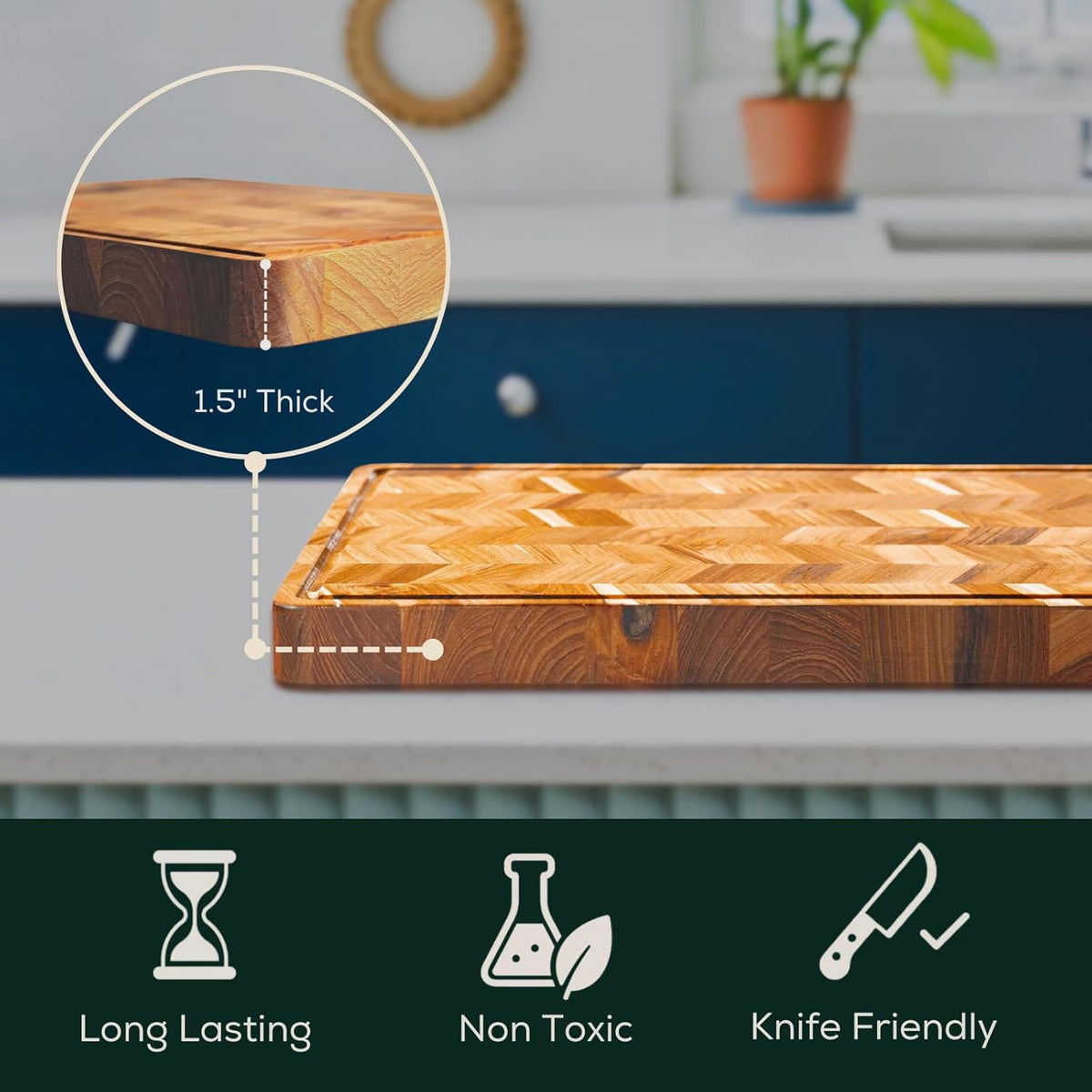 Extra Large (XL) Teak Edge Grain Cutting Board, Reversible, Knife-Friendly Charcuterie Butcher Block, Juice Groove & Handles, Non-Toxic, Gift Box Included (Herringbone, 24" x 18" x 1.15")