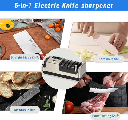 5-in-1 Electric Knife Sharpener for Kitchen Knives, Scissor Sharpener with 3-Speed & 100% Diamond Abrasives -Quickly Sharpening for Straight, Serrated, Cleaver Knives, Kitchen Gifts for Mom