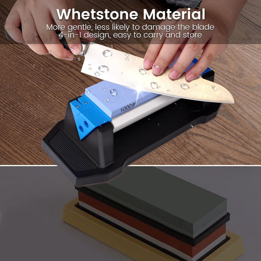 3-Sided Sharpening Stone Kit, 400/1000/5000 Grit Knife Sharpening Stone with Leather Strop, Angle Guide & Non-Slip Base, Professional Whetstone Knife Sharpener for Kitchen Knives, Scissors