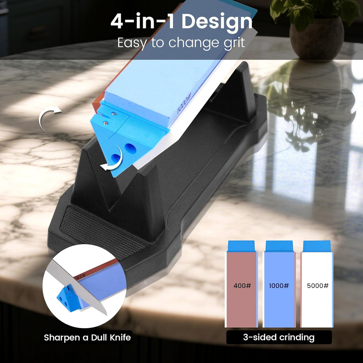 3-Sided Sharpening Stone Kit, 400/1000/5000 Grit Knife Sharpening Stone with Leather Strop, Angle Guide & Non-Slip Base, Professional Whetstone Knife Sharpener for Kitchen Knives, Scissors