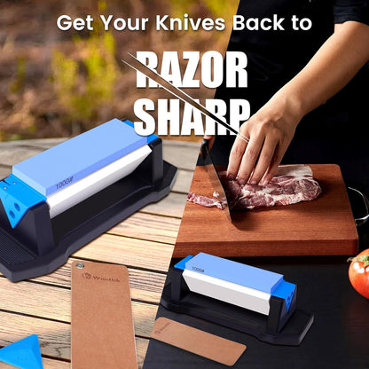 3-Sided Sharpening Stone Kit, 400/1000/5000 Grit Knife Sharpening Stone with Leather Strop, Angle Guide & Non-Slip Base, Professional Whetstone Knife Sharpener for Kitchen Knives, Scissors