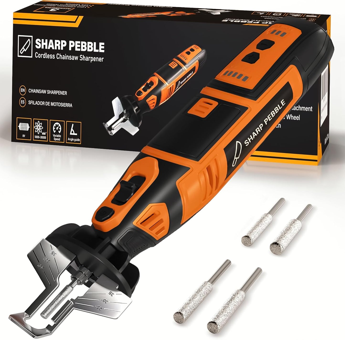 Electric Cordless Chainsaw Sharpener Kit - Chain Saw Tool | 4 File Size Sharpening Wheels, Angle Attachment, Wrench & eBook - Sharpen Chainsaw Chains Anywhere, Anytime