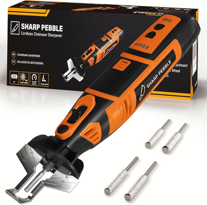 Electric Cordless Chainsaw Sharpener Kit - Chain Saw Tool | 4 File Size Sharpening Wheels, Angle Attachment, Wrench & eBook - Sharpen Chainsaw Chains Anywhere, Anytime