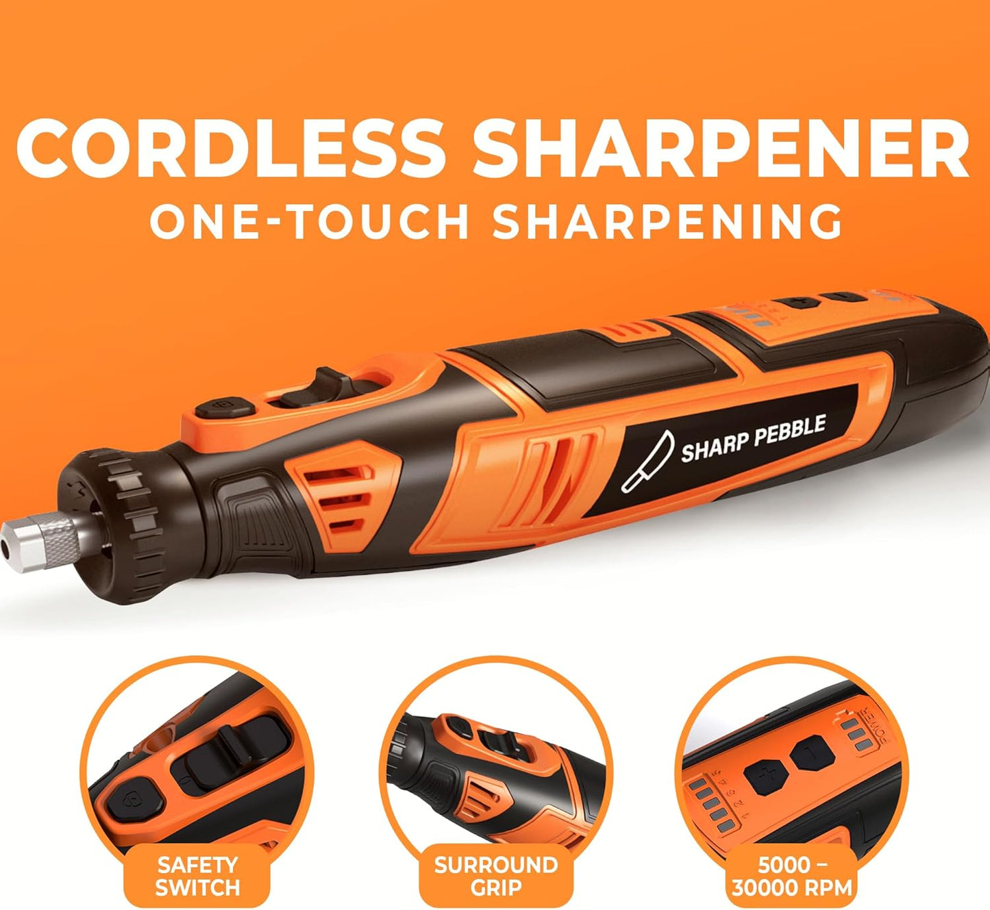 Electric Cordless Chainsaw Sharpener Kit - Chain Saw Tool | 4 File Size Sharpening Wheels, Angle Attachment, Wrench & eBook - Sharpen Chainsaw Chains Anywhere, Anytime