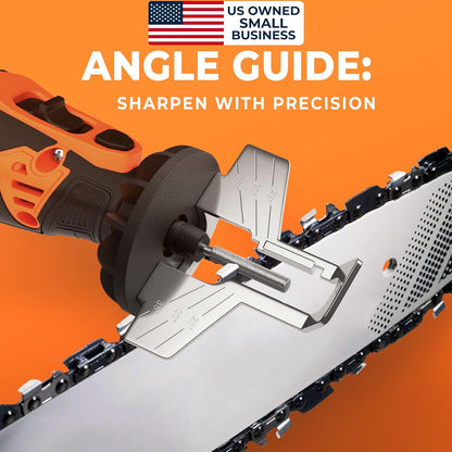Electric Cordless Chainsaw Sharpener Kit - Chain Saw Tool | 4 File Size Sharpening Wheels, Angle Attachment, Wrench & eBook - Sharpen Chainsaw Chains Anywhere, Anytime