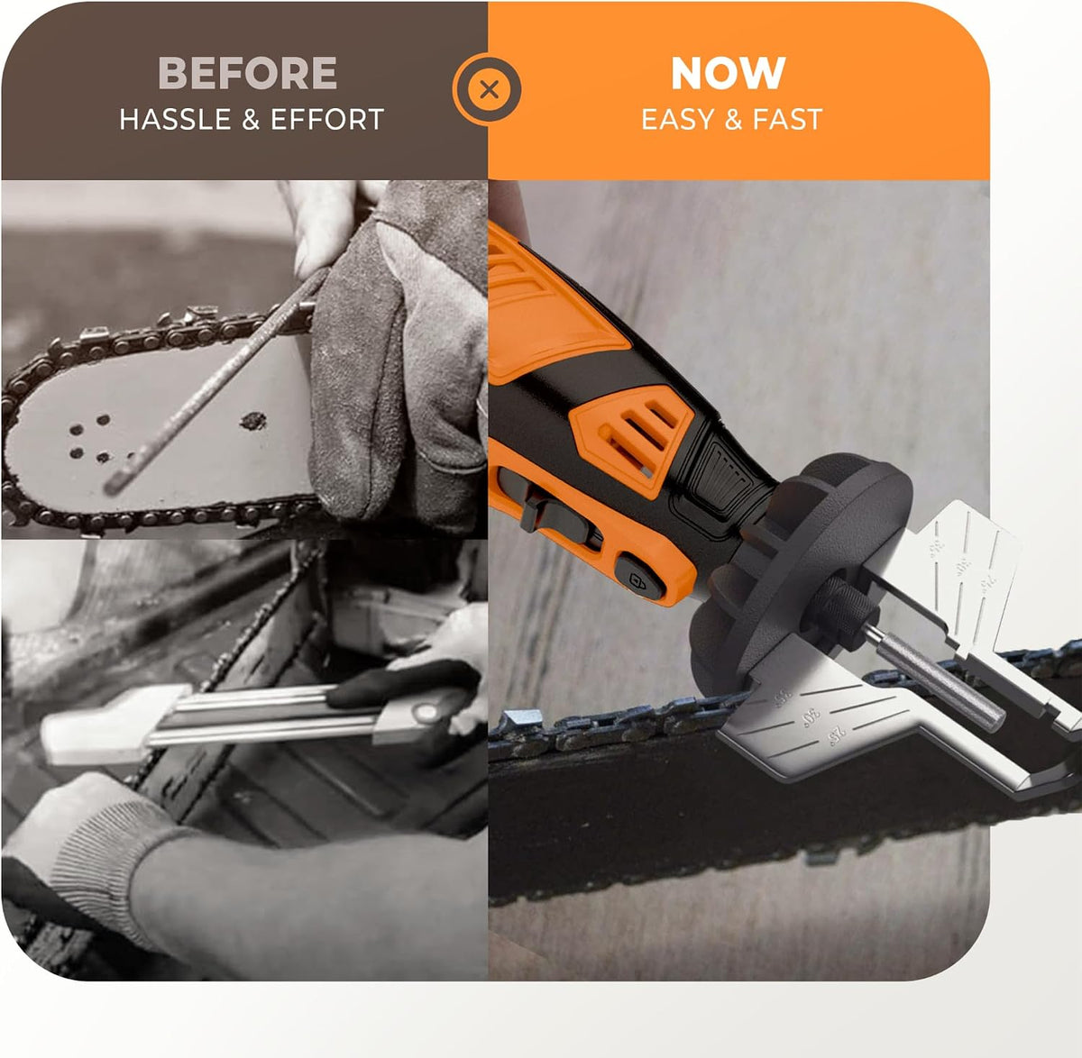 Electric Cordless Chainsaw Sharpener Kit - Chain Saw Tool | 4 File Size Sharpening Wheels, Angle Attachment, Wrench & eBook - Sharpen Chainsaw Chains Anywhere, Anytime