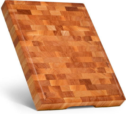 Mahogany End Grain Cutting Board, 17×13×1.6 in – Handmade Butcher Block, Knife-Friendly, Juice Groove, Non-Slip Feet