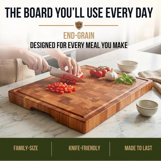 Mahogany End Grain Cutting Board, 17×13×1.6 in – Handmade Butcher Block, Knife-Friendly, Juice Groove, Non-Slip Feet