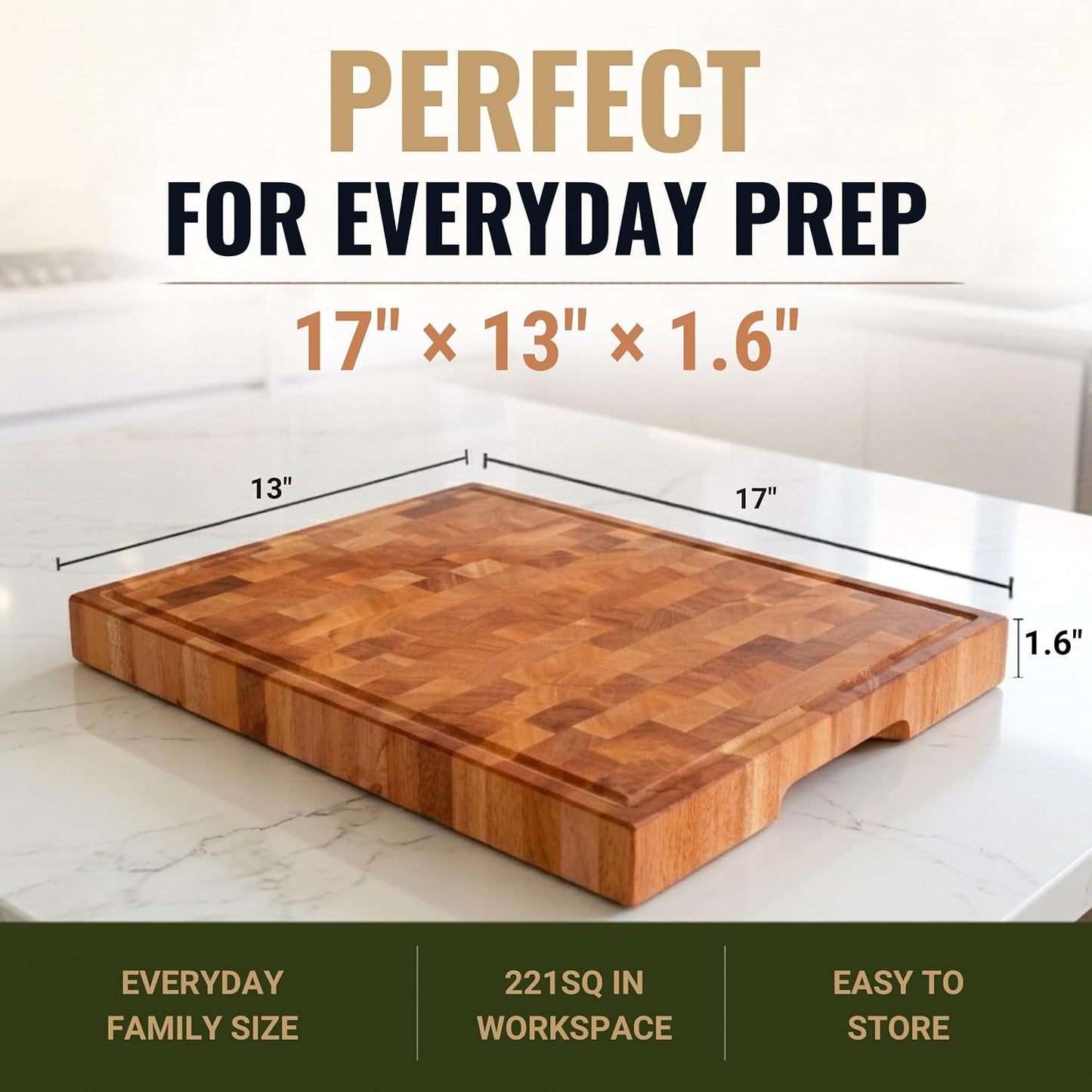 Mahogany End Grain Cutting Board, 17×13×1.6 in – Handmade Butcher Block, Knife-Friendly, Juice Groove, Non-Slip Feet