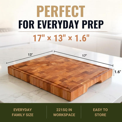 Mahogany End Grain Cutting Board, 17×13×1.6 in – Handmade Butcher Block, Knife-Friendly, Juice Groove, Non-Slip Feet