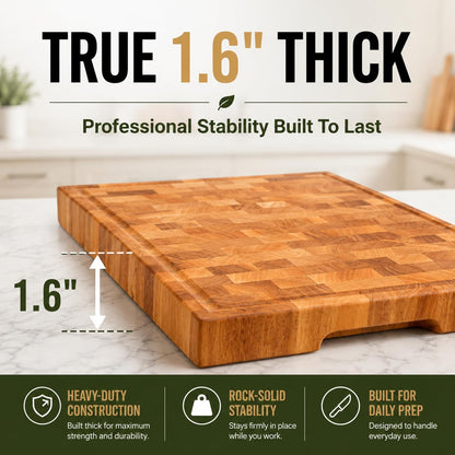 Mahogany End Grain Cutting Board, 17×13×1.6 in – Handmade Butcher Block, Knife-Friendly, Juice Groove, Non-Slip Feet
